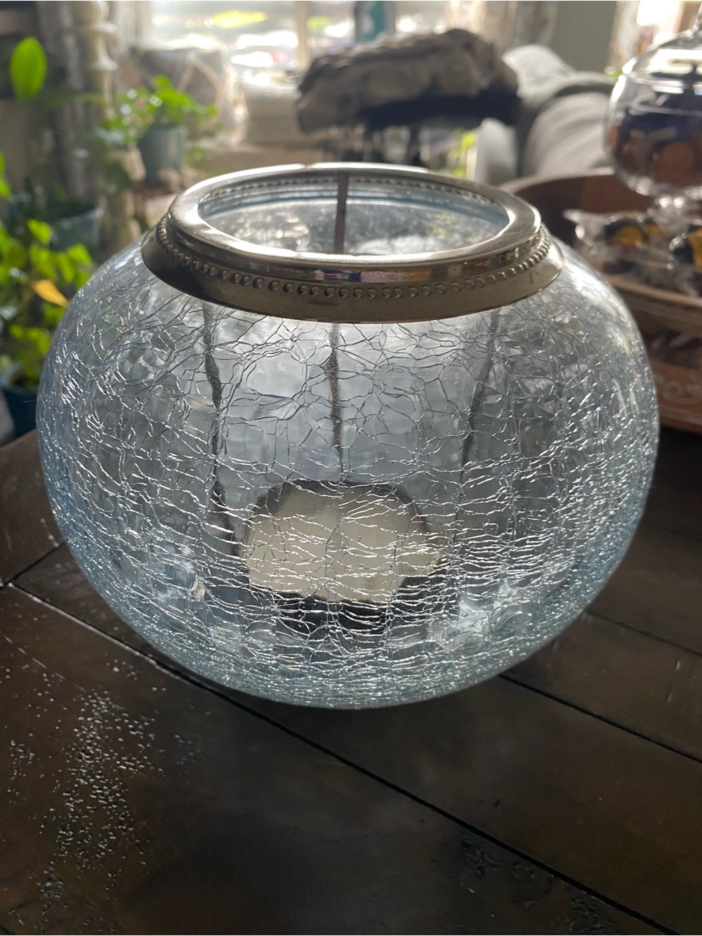 Light Blue Crackle Glass Lantern with Silver Rim